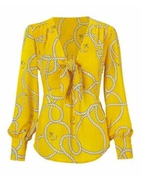 Cabi yellow nautical print tie front blouse womens M reef knot anchor rope